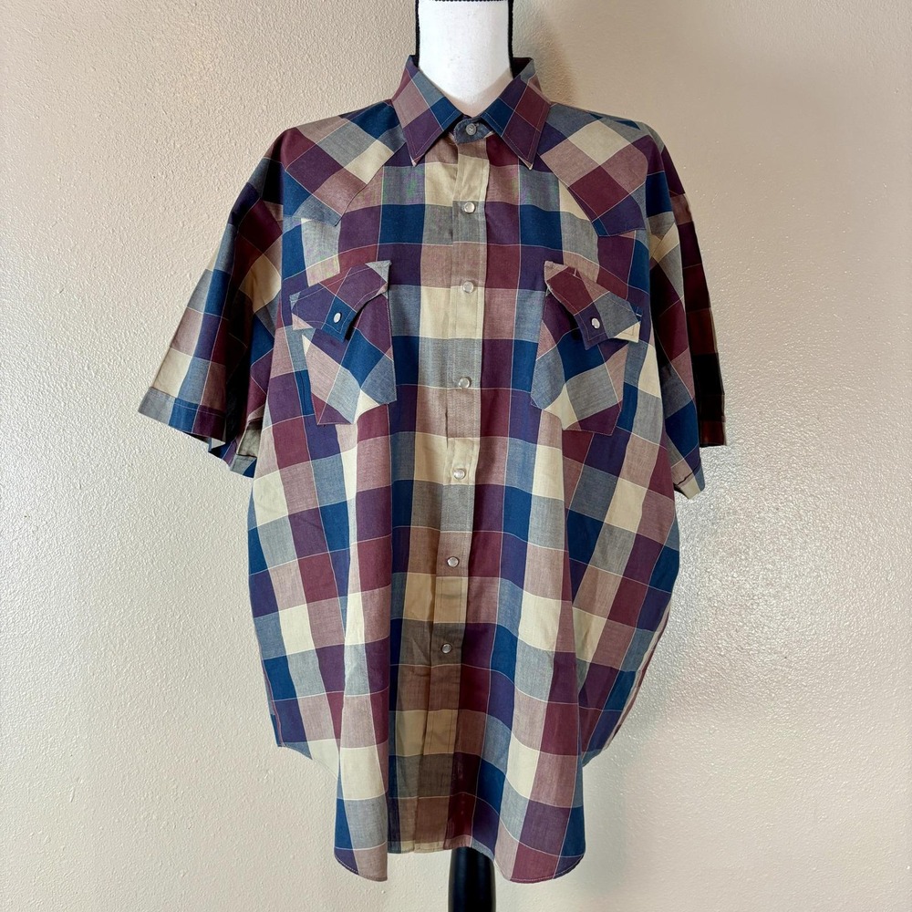 Ely Plains Western Shirt Plaid Short Sleeve Pearl Snap Front Mens XL Muted Tones - Picture 3 of 10